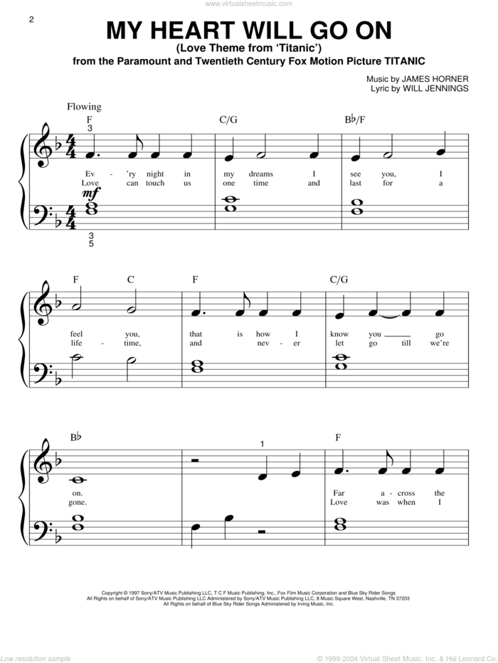 My Heart Will Go On (Love Theme from Titanic) sheet music for piano solo (big note book) by Celine Dion, James Horner and Will Jennings, wedding score, easy piano (big note book)