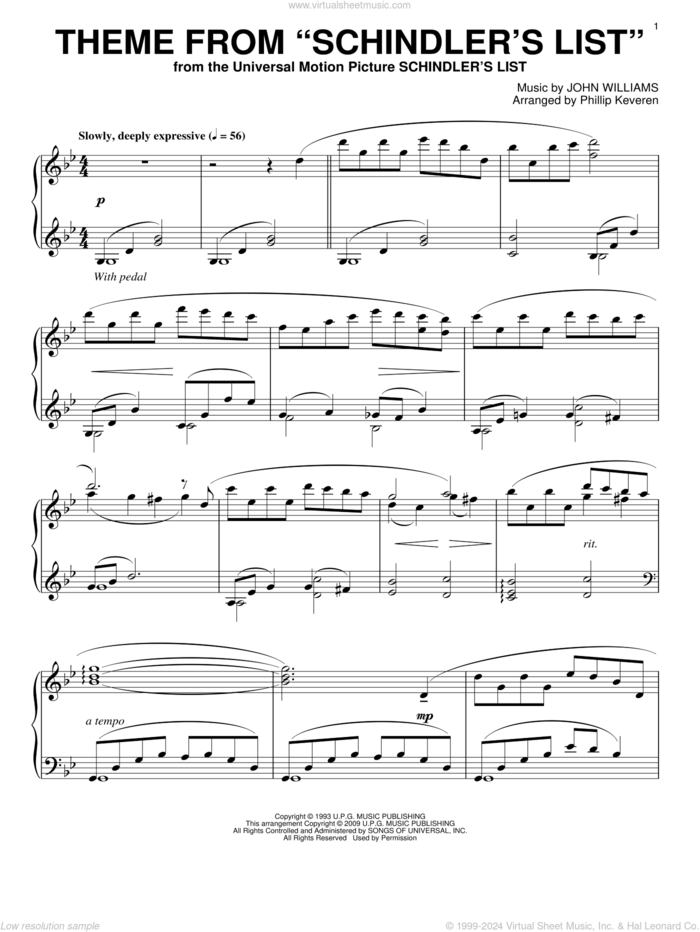 Theme from Schindler's List (arr. Phillip Keveren) sheet music for piano solo by John Williams and Phillip Keveren, intermediate skill level