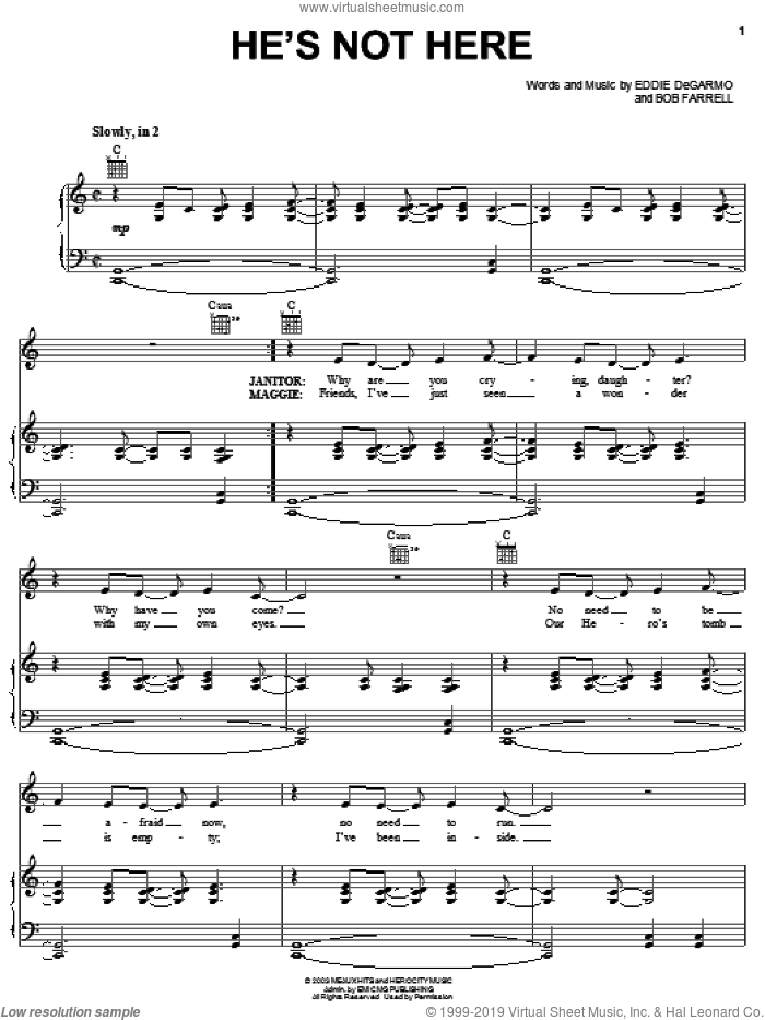 He's Not Here sheet music for voice, piano or guitar by Nathan Lee, !Hero: The Rock Opera (Musical), Bob Farrell and Eddie DeGarmo, intermediate skill level