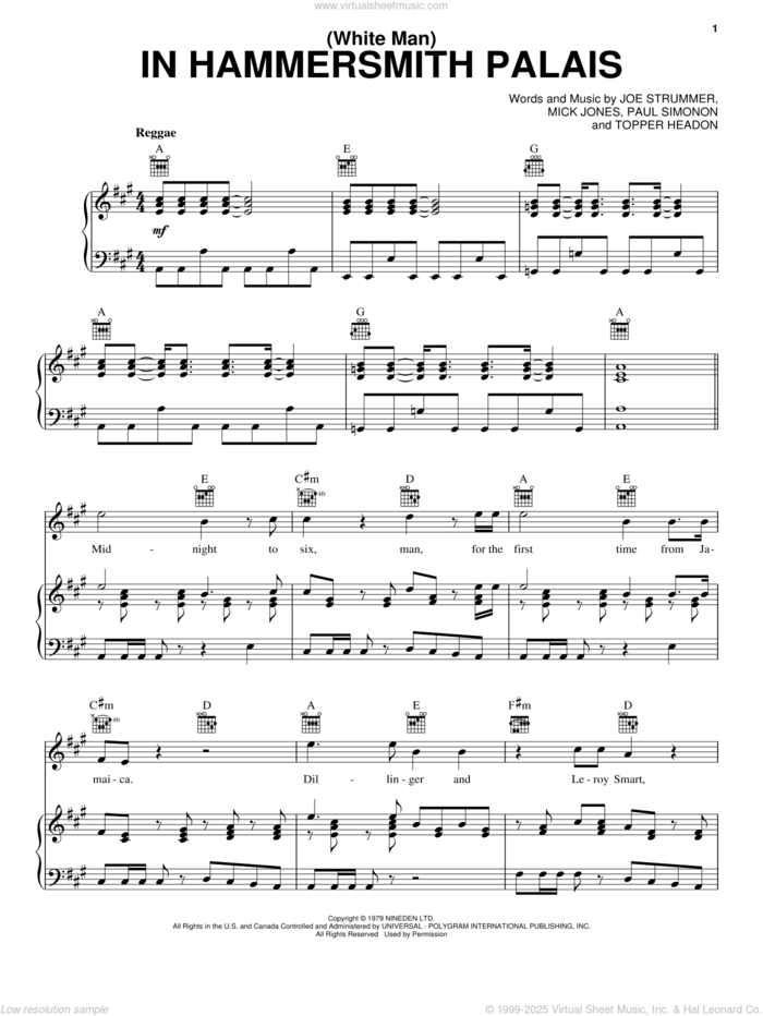 (White Man) In Hammersmith Palais sheet music for voice, piano or guitar by The Clash, Joe Strummer, Mick Jones, Paul Simonon and Topper Headon, intermediate skill level