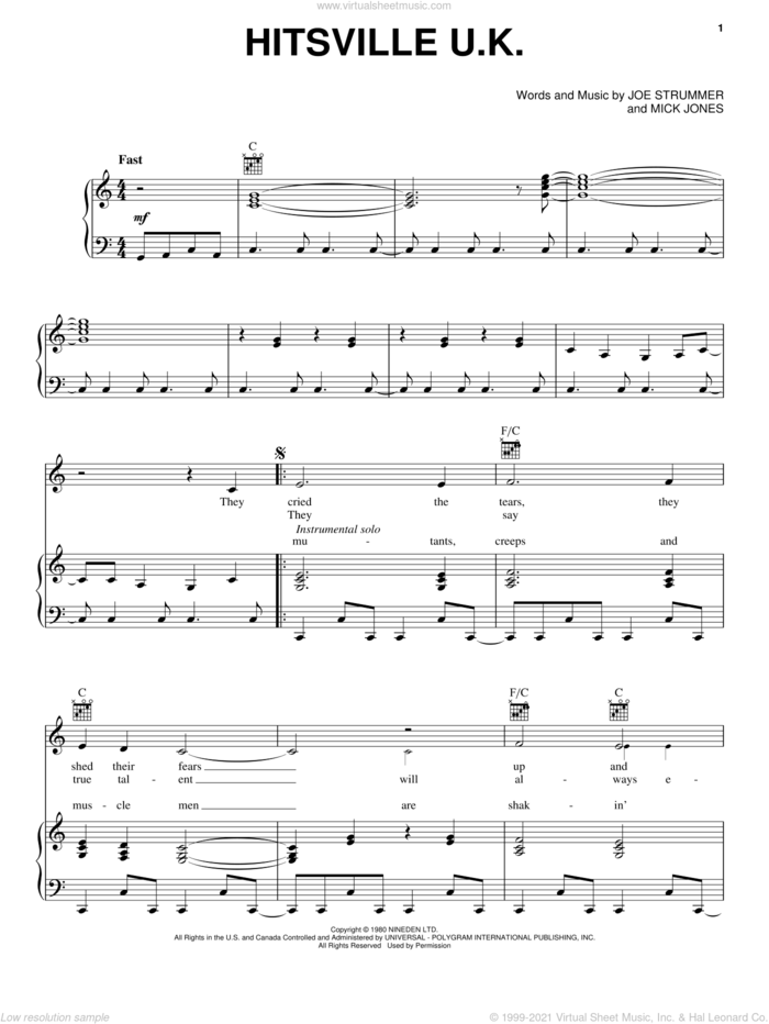 Hitsville U.K. sheet music for voice, piano or guitar by The Clash, Joe Strummer and Mick Jones, intermediate skill level