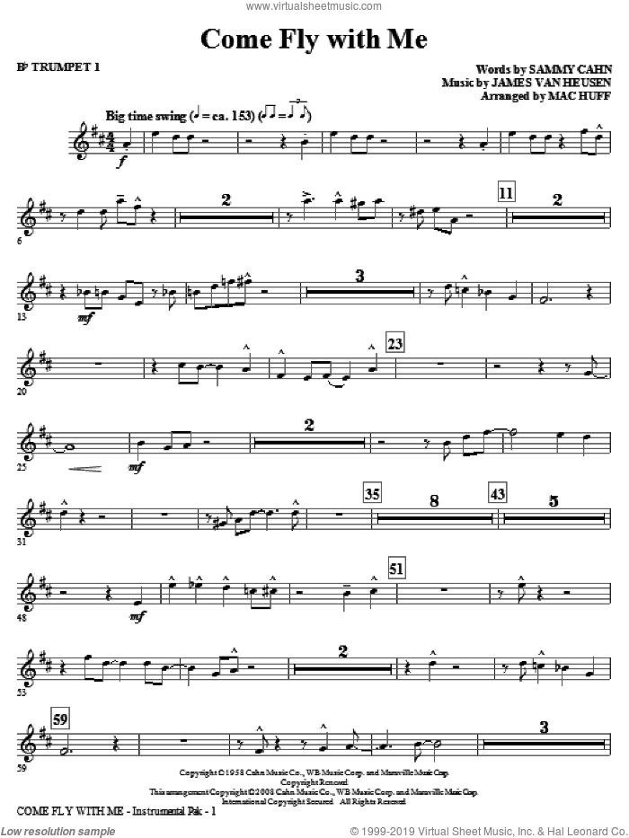 Come Fly With Me (complete set of parts) sheet music for orchestra/band by Sammy Cahn, Jimmy van Heusen, Frank Sinatra and Mac Huff, intermediate skill level
