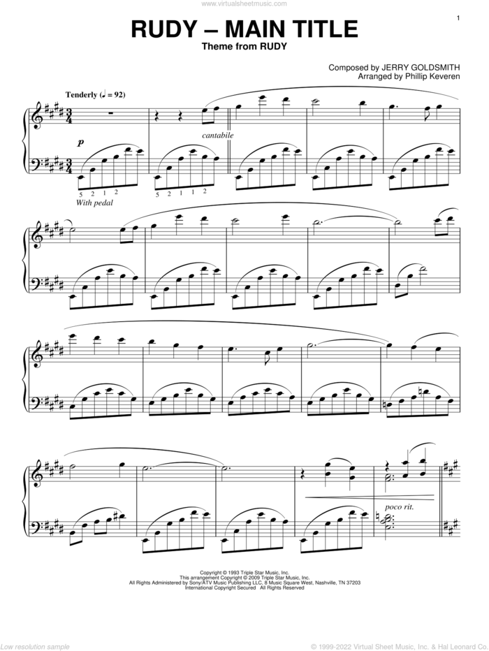 Rudy - Main Title (arr. Phillip Keveren) sheet music for piano solo by Jerry Goldsmith and Phillip Keveren, intermediate skill level