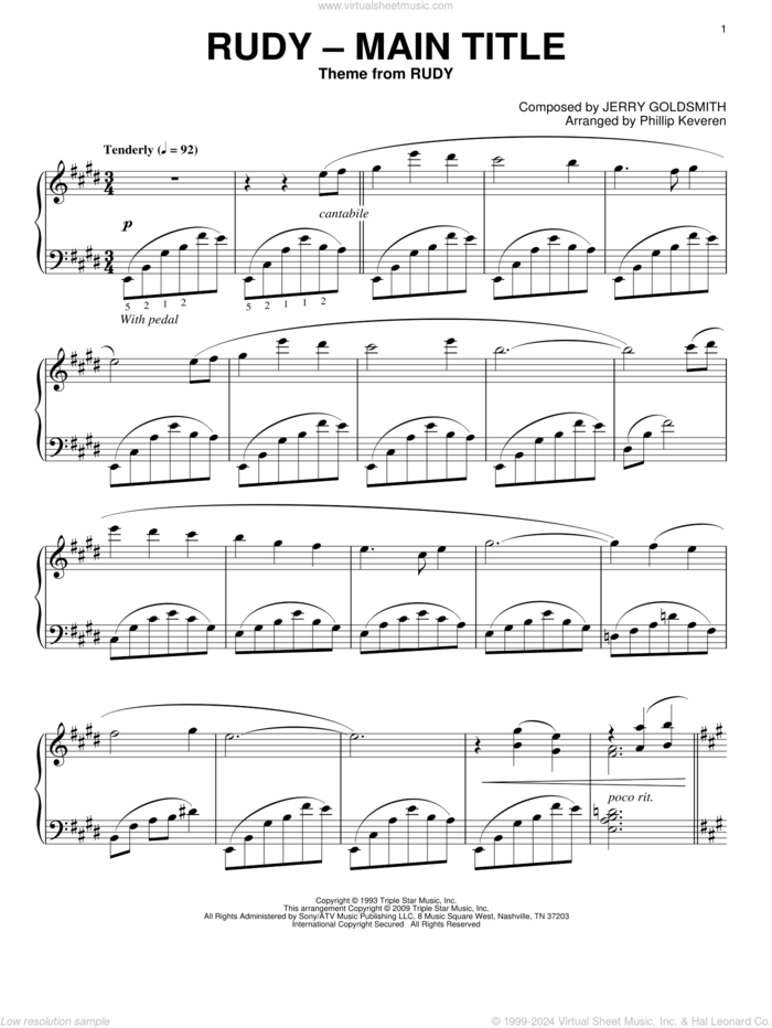 Rudy - Main Title (arr. Phillip Keveren) sheet music for piano solo by Jerry Goldsmith and Phillip Keveren, intermediate skill level