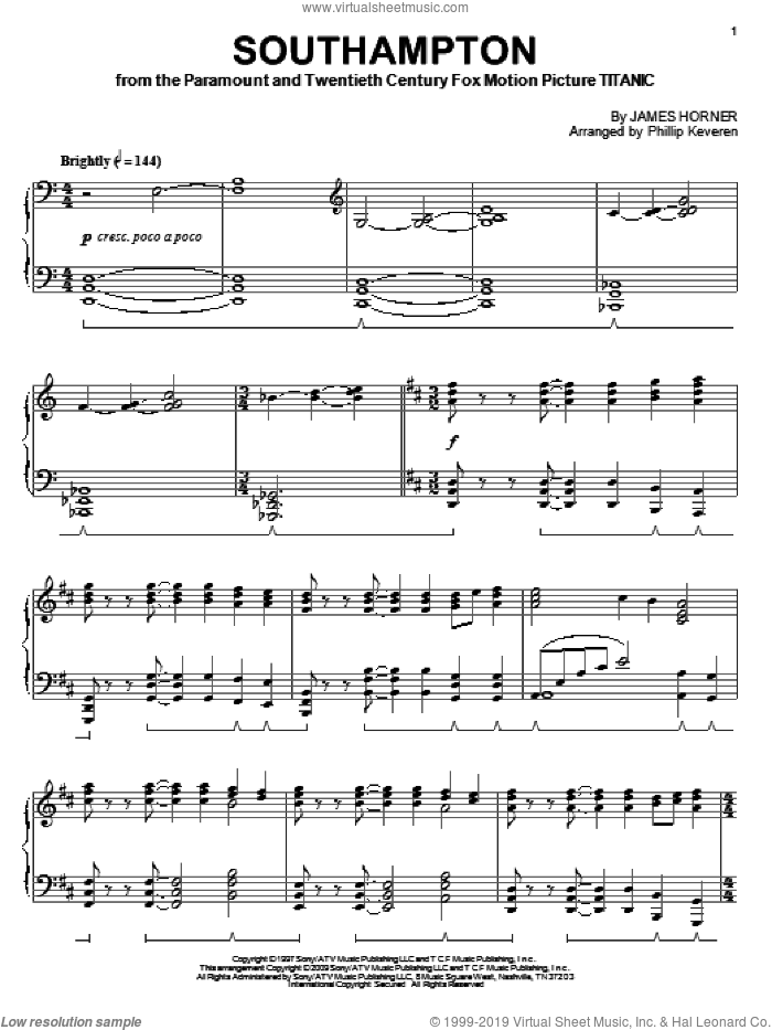 Southampton (arr. Phillip Keveren) sheet music for piano solo by James Horner and Phillip Keveren, intermediate skill level