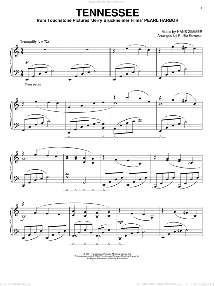 Tennessee (arr. Phillip Keveren) sheet music for piano solo by Hans Zimmer and Phillip Keveren, intermediate skill level