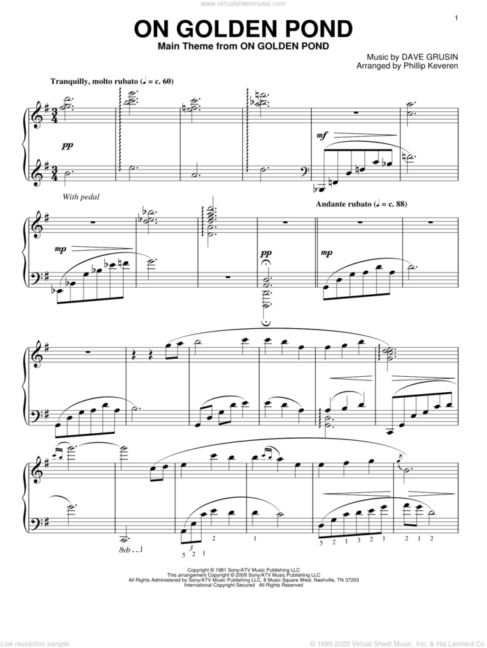 On Golden Pond (arr. Phillip Keveren) sheet music for piano solo by Dave Grusin and Phillip Keveren, intermediate skill level