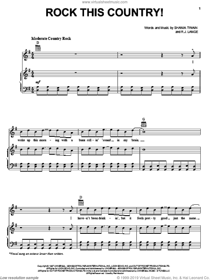 Rock This Country! sheet music for voice, piano or guitar by Shania Twain and Robert John Lange, intermediate skill level