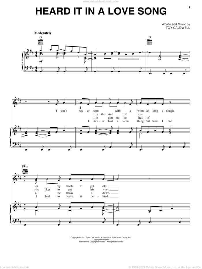 Heard It In A Love Song sheet music for voice, piano or guitar by Marshall Tucker Band and Toy Caldwell, intermediate skill level