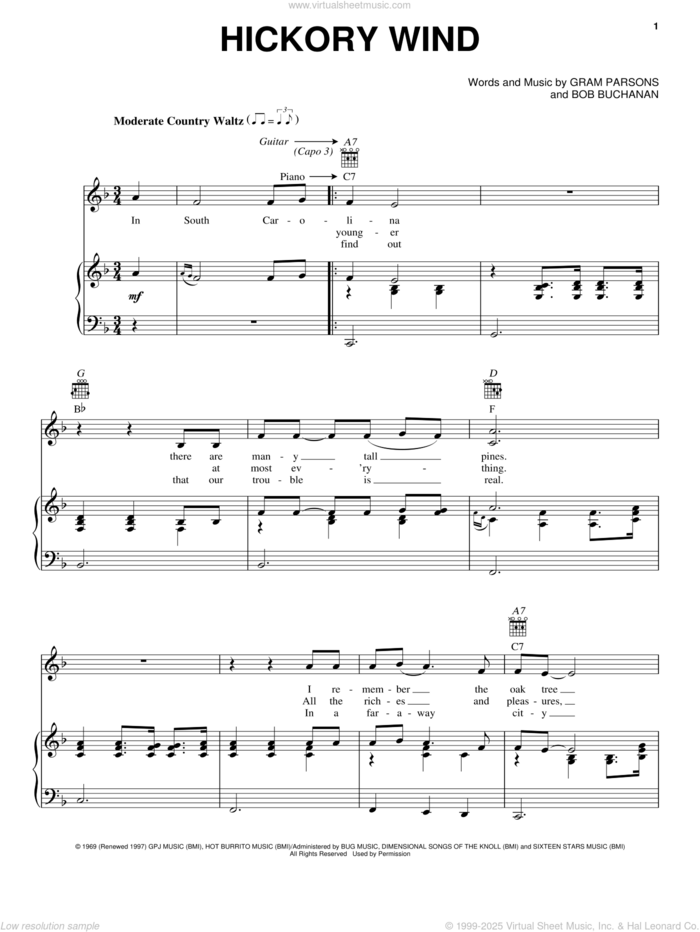 Hickory Wind sheet music for voice, piano or guitar by Gram Parsons and Bob Buchanan, intermediate skill level