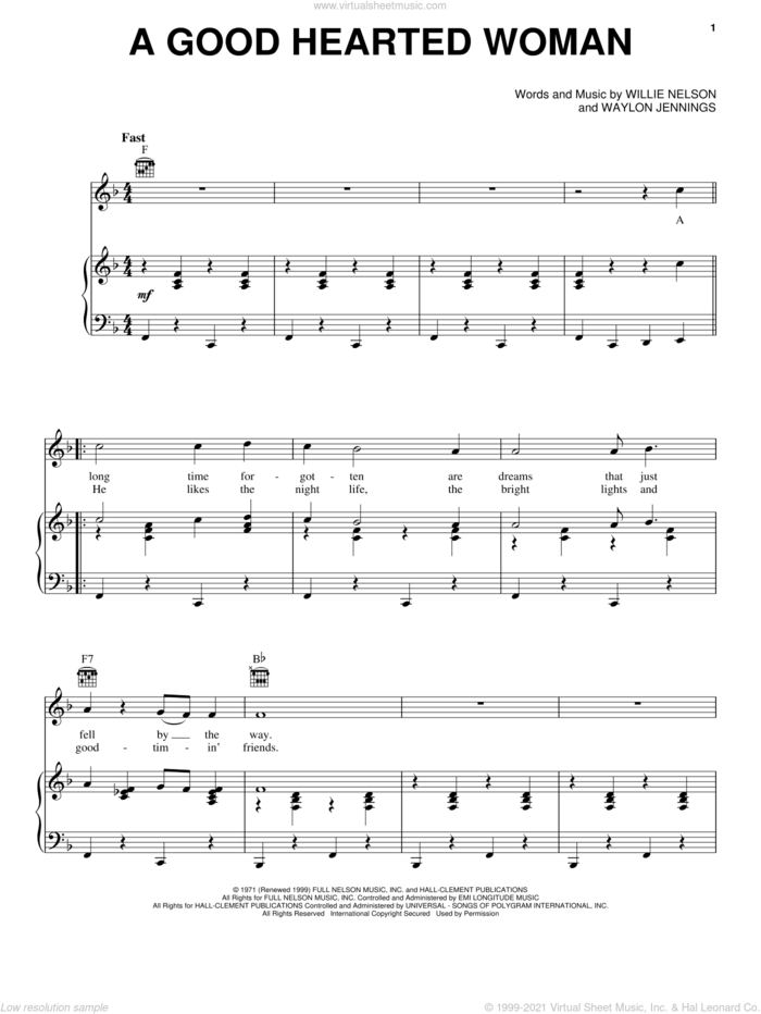 A Good Hearted Woman sheet music for voice, piano or guitar by Willie Nelson and Waylon Jennings, intermediate skill level