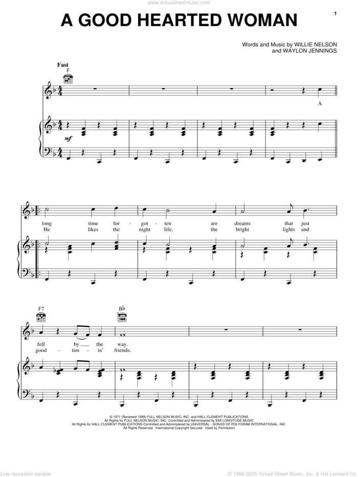 A Good Hearted Woman sheet music for voice, piano or guitar by Willie Nelson and Waylon Jennings, intermediate skill level