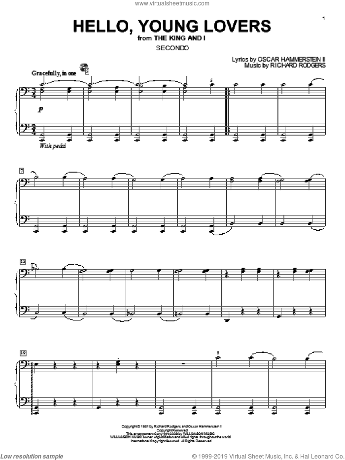 Hello, Young Lovers sheet music for piano four hands by Rodgers & Hammerstein, Oscar II Hammerstein and Richard Rodgers, intermediate skill level
