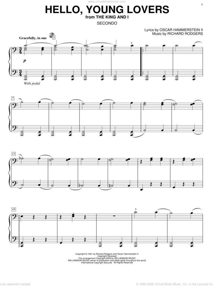 Hello, Young Lovers sheet music for piano four hands by Rodgers & Hammerstein, Oscar II Hammerstein and Richard Rodgers, intermediate skill level