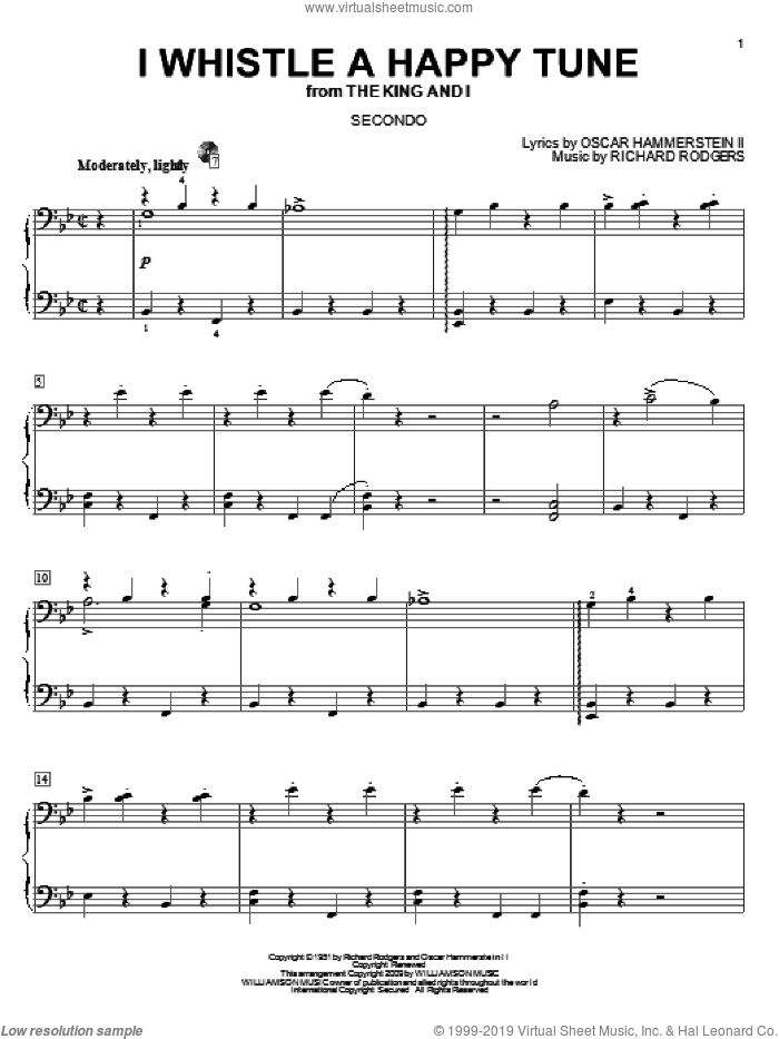 I Whistle A Happy Tune sheet music for piano four hands by Rodgers & Hammerstein, The King And I (Musical), Oscar II Hammerstein and Richard Rodgers, intermediate skill level