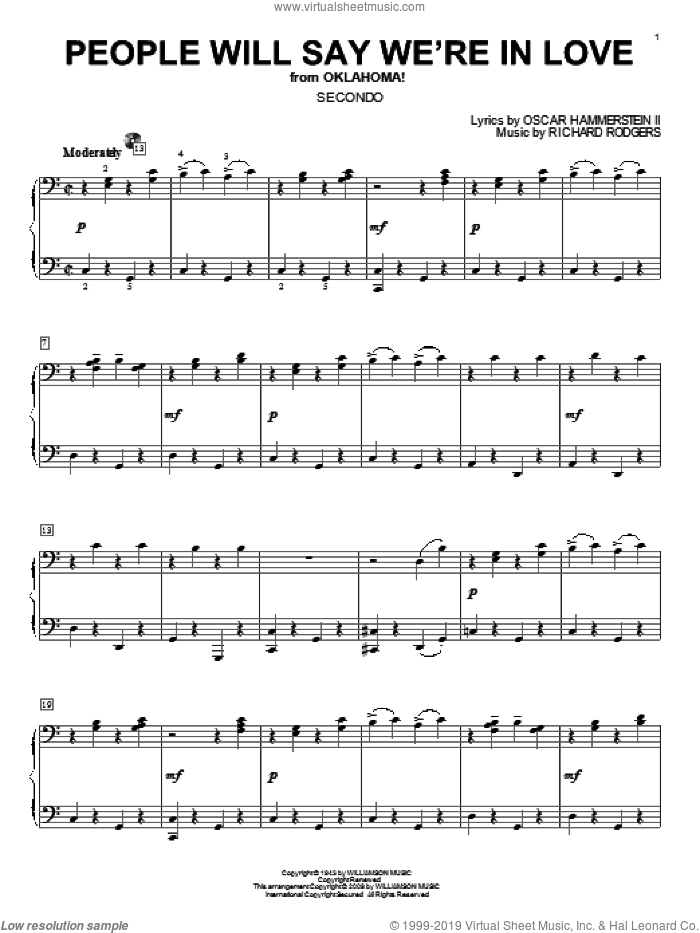 People Will Say We're In Love (from Oklahoma!) sheet music for piano four hands by Rodgers & Hammerstein, Oklahoma! (Musical), Oscar II Hammerstein and Richard Rodgers, intermediate skill level