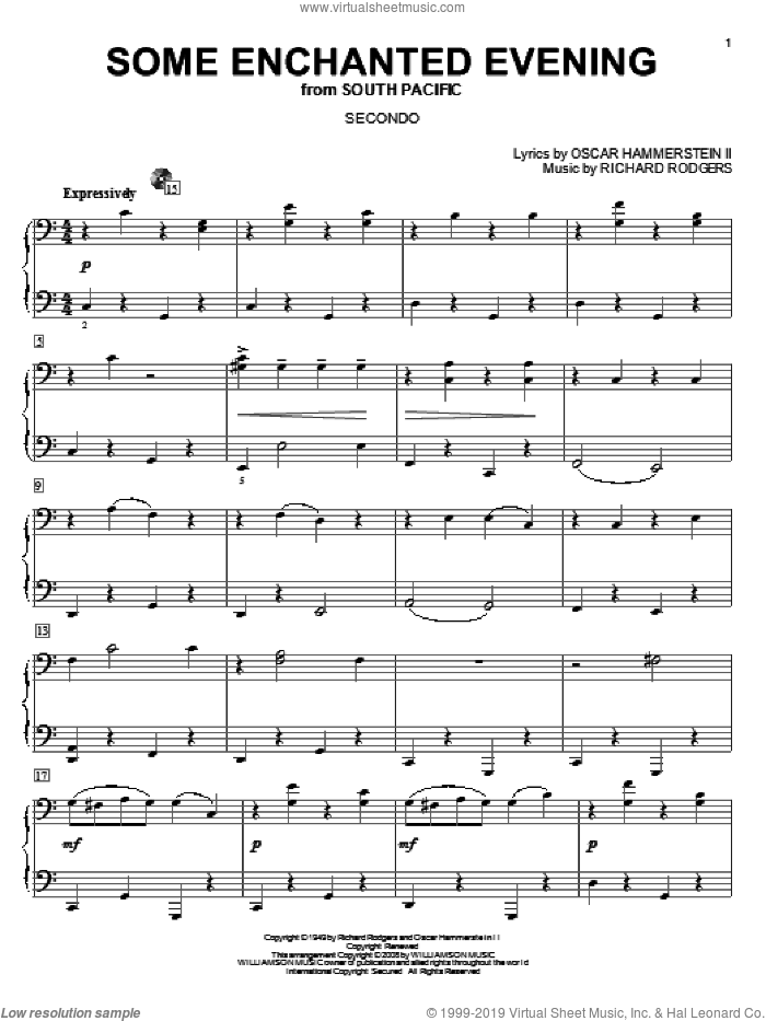 Some Enchanted Evening sheet music for piano four hands by Rodgers & Hammerstein, South Pacific (Musical), Oscar II Hammerstein and Richard Rodgers, intermediate skill level