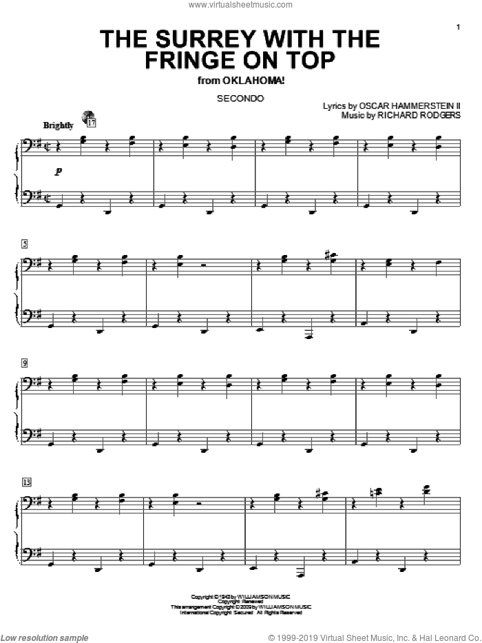 The Surrey With The Fringe On Top (from Oklahoma!) sheet music for piano four hands by Rodgers & Hammerstein, Oklahoma! (Musical), Oscar II Hammerstein and Richard Rodgers, intermediate skill level