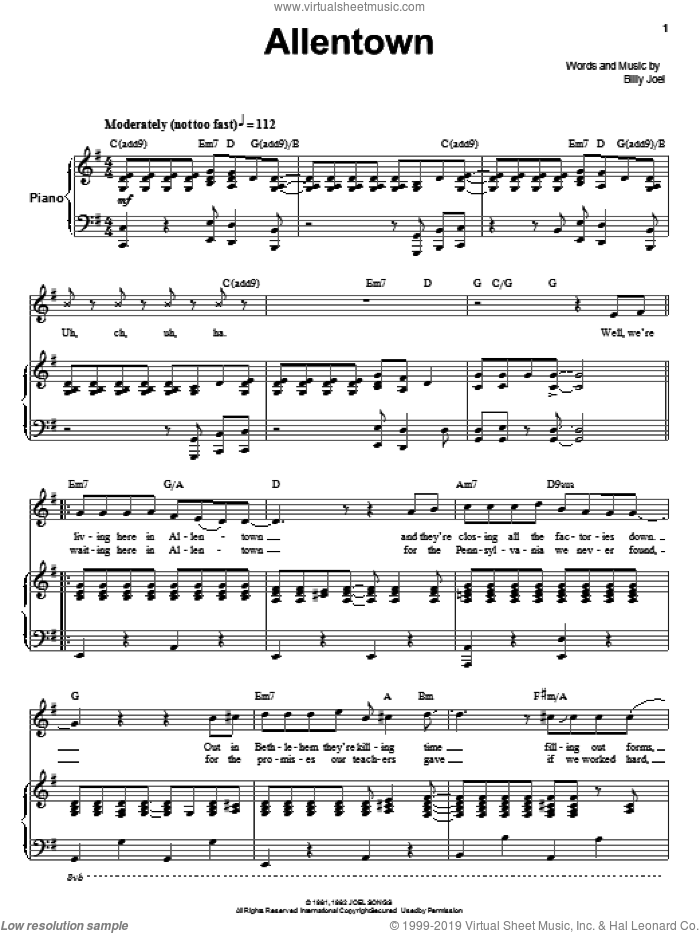 Allentown sheet music for voice and piano by Billy Joel, intermediate skill level