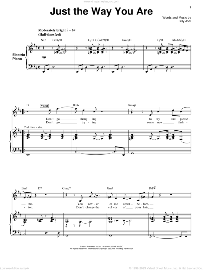 Just The Way You Are sheet music for voice and piano by Billy Joel, wedding score, intermediate skill level