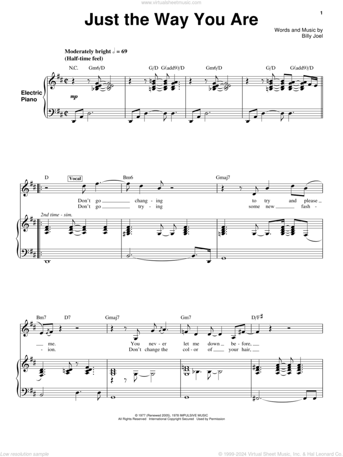 Just The Way You Are sheet music for voice and piano by Billy Joel, wedding score, intermediate skill level