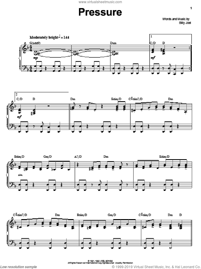 Pressure sheet music for voice and piano by Billy Joel, intermediate skill level