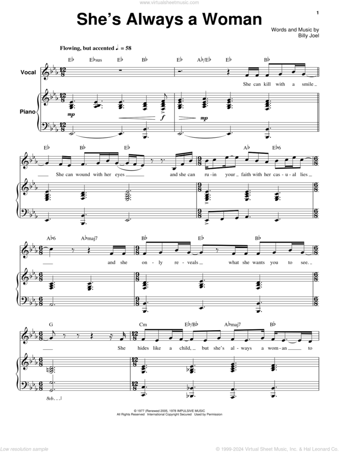 She's Always A Woman sheet music for voice and piano by Billy Joel, intermediate skill level