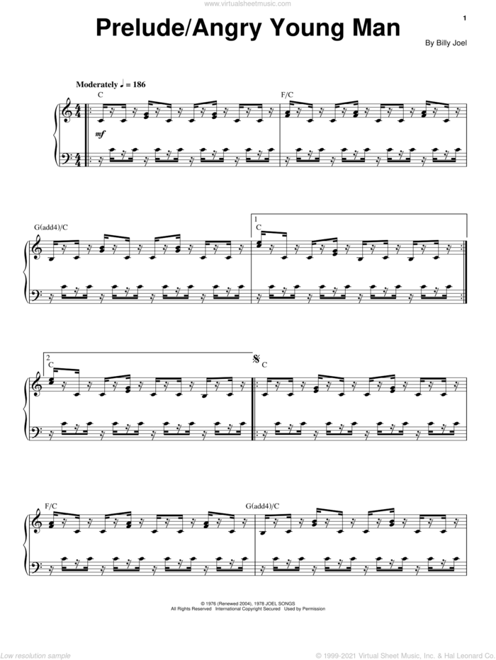 Angry Young Man sheet music for voice and piano by Billy Joel, intermediate skill level