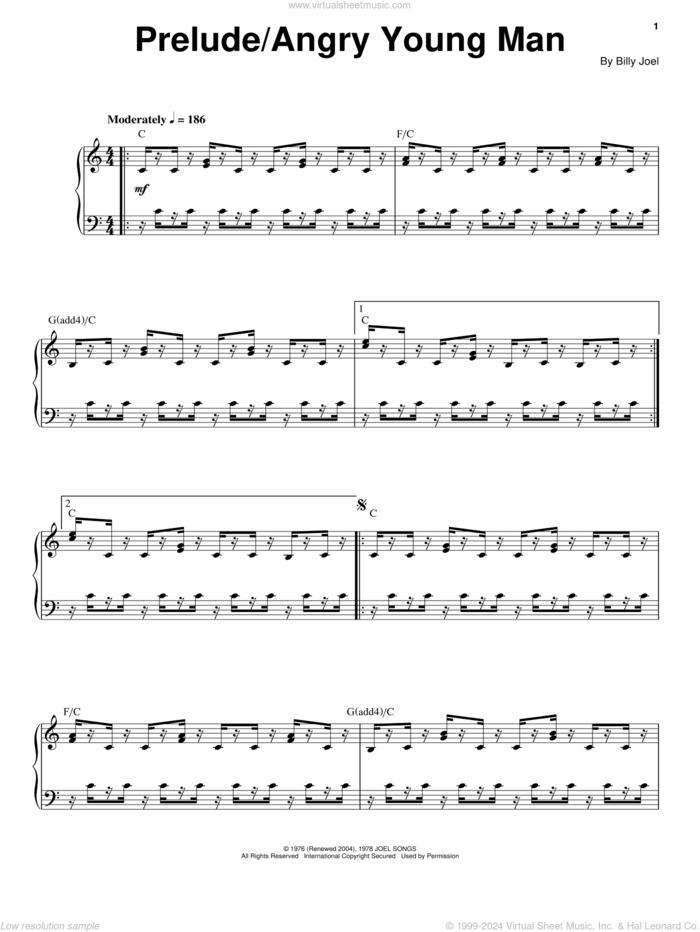 Angry Young Man sheet music for voice and piano by Billy Joel, intermediate skill level