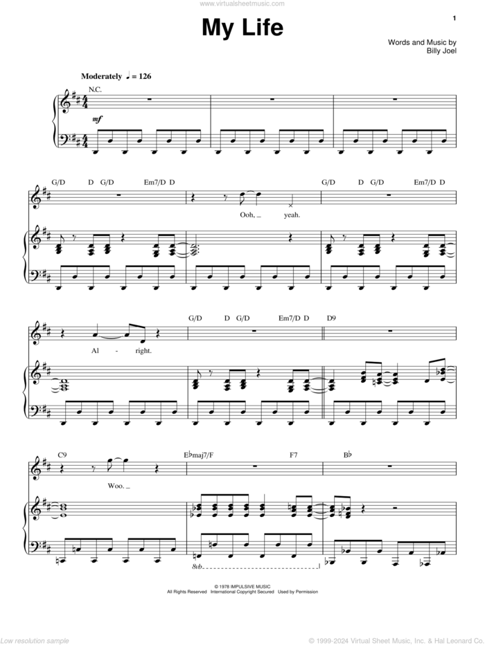 My Life sheet music for voice and piano by Billy Joel, intermediate skill level