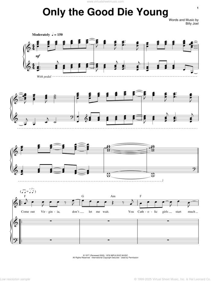 Only The Good Die Young sheet music for voice and piano by Billy Joel, intermediate skill level