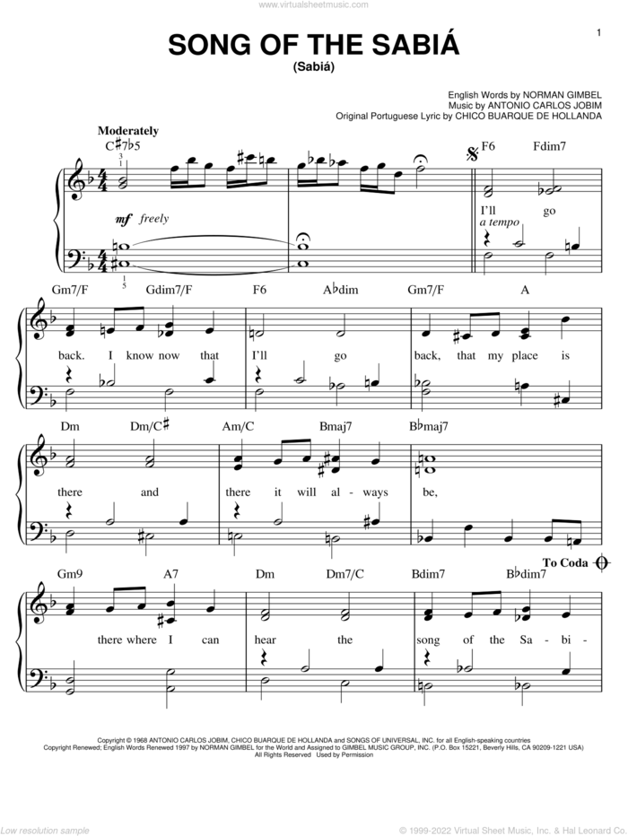Song Of The Sabia (Sabia) sheet music for piano solo by Antonio Carlos Jobim, Chico Buarque De Hollanda and Norman Gimbel, easy skill level