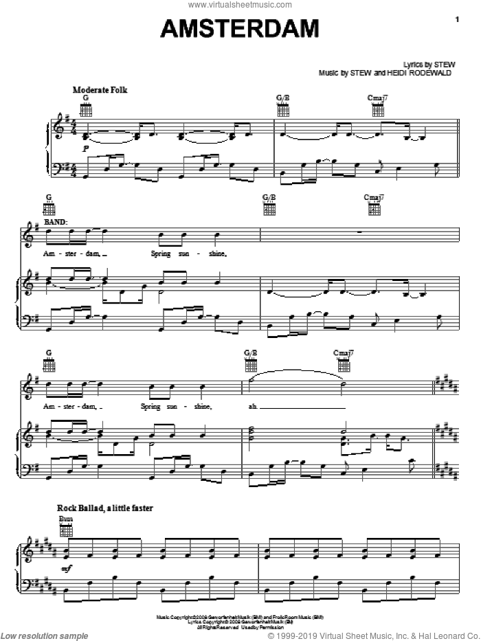 Amsterdam sheet music for voice, piano or guitar by Stew, Passing Strange (Musical) and Heidi Rodewald, intermediate skill level