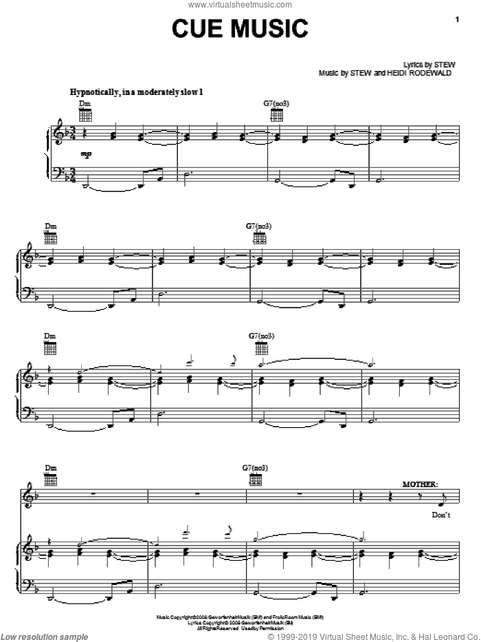 Cue Music sheet music for voice, piano or guitar by Stew, Passing Strange (Musical) and Heidi Rodewald, intermediate skill level