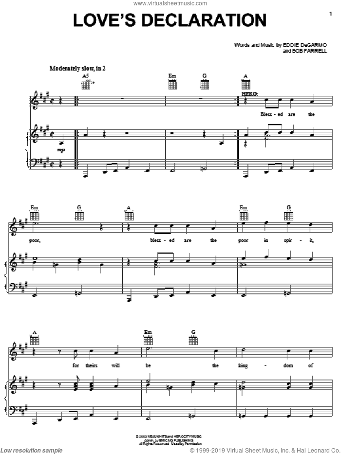 Love's Declaration sheet music for voice, piano or guitar by Michael Tait, !Hero: The Rock Opera (Musical), Bob Farrell and Eddie DeGarmo, intermediate skill level