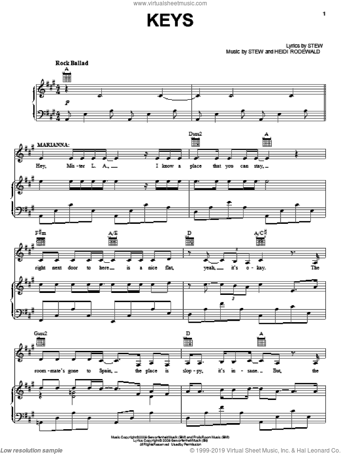 Keys sheet music for voice, piano or guitar by Stew, Passing Strange (Musical) and Heidi Rodewald, intermediate skill level
