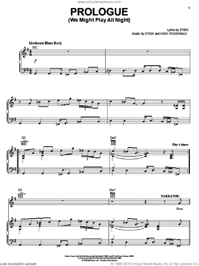 Prologue (We Might Play All Night) sheet music for voice, piano or guitar by Stew, Passing Strange (Musical) and Heidi Rodewald, intermediate skill level