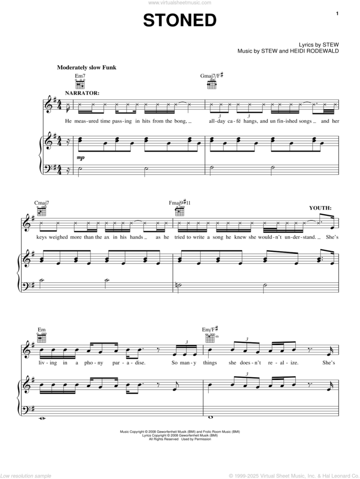 Stoned sheet music for voice, piano or guitar by Stew, Passing Strange (Musical) and Heidi Rodewald, intermediate skill level