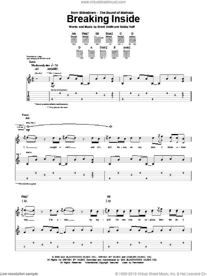 Breaking Inside sheet music for guitar (tablature) by Shinedown, Bobby Huff and Brent Smith, intermediate skill level