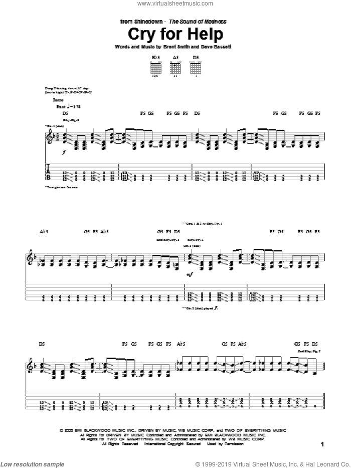 Cry For Help sheet music for guitar (tablature) by Shinedown, Brent Smith and Dave Bassett, intermediate skill level
