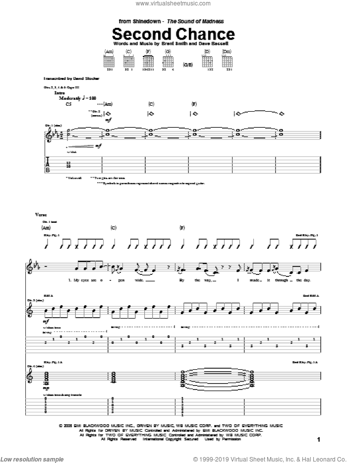Second Chance sheet music for guitar (tablature) by Shinedown, Brent Smith and Dave Bassett, intermediate skill level