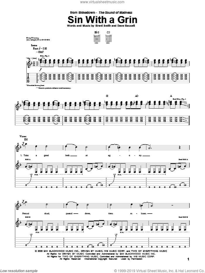 Sin With A Grin sheet music for guitar (tablature) by Shinedown, Brent Smith and Dave Bassett, intermediate skill level
