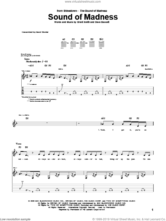 Sound Of Madness sheet music for guitar (tablature) by Shinedown, Brent Smith and Dave Bassett, intermediate skill level