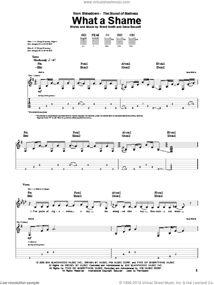 What A Shame sheet music for guitar (tablature) by Shinedown, Brent Smith and Dave Bassett, intermediate skill level