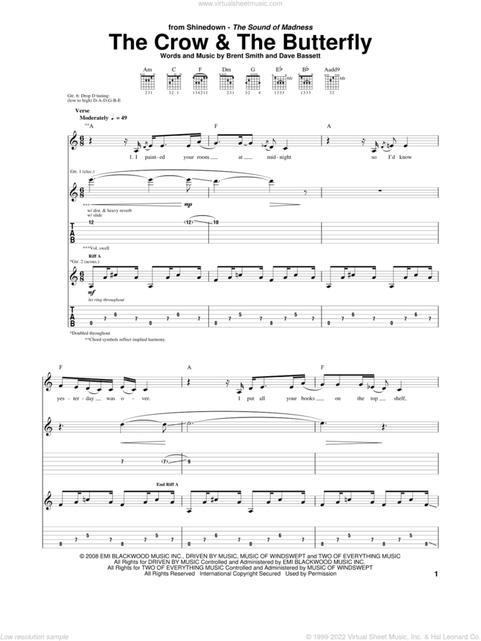 The Crow and The Butterfly sheet music for guitar (tablature) by Shinedown, Brent Smith and Dave Bassett, intermediate skill level