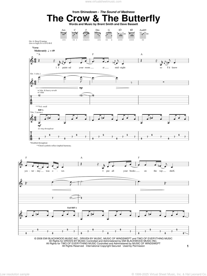 The Crow and The Butterfly sheet music for guitar (tablature) by Shinedown, Brent Smith and Dave Bassett, intermediate skill level