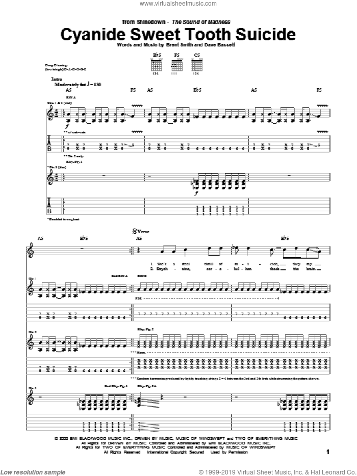 Cyanide Sweet Tooth Suicide sheet music for guitar (tablature) by Shinedown, Brent Smith and Dave Bassett, intermediate skill level