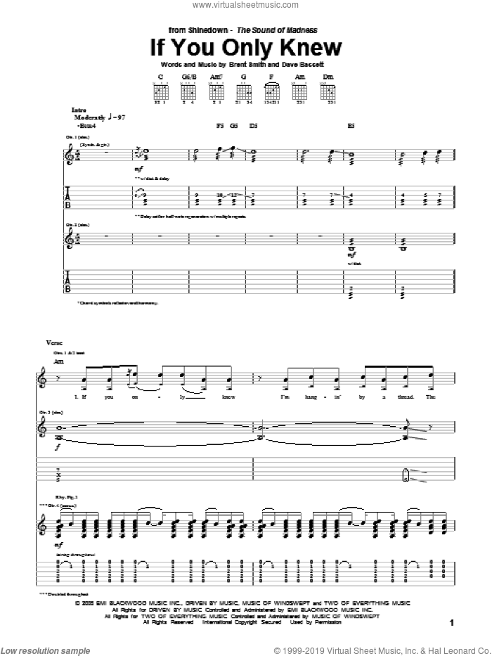 If You Only Knew sheet music for guitar (tablature) by Shinedown, Brent Smith and Dave Bassett, intermediate skill level