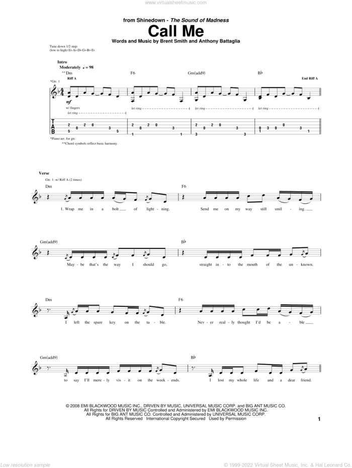 Call Me sheet music for guitar (tablature) by Shinedown, Anthony Battaglia and Brent Smith, intermediate skill level
