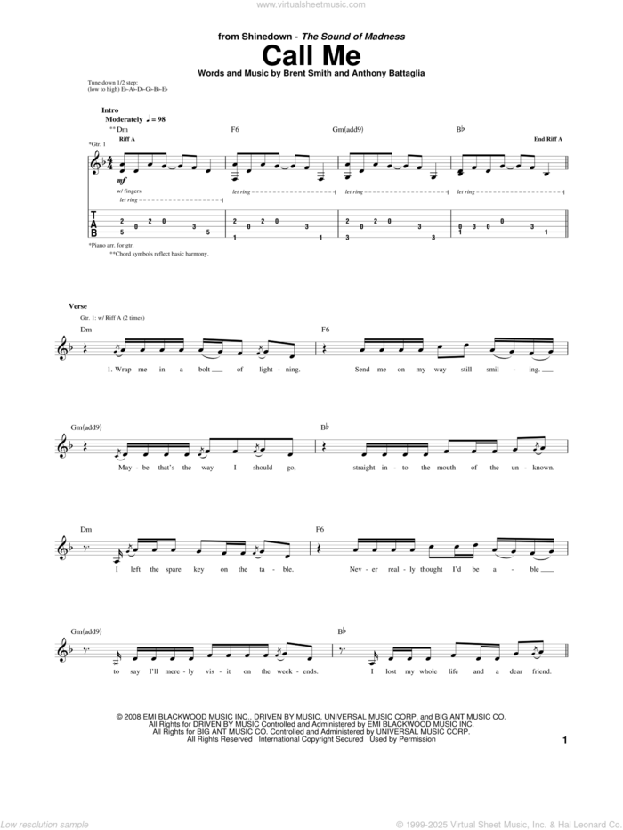 Call Me sheet music for guitar (tablature) by Shinedown, Anthony Battaglia and Brent Smith, intermediate skill level